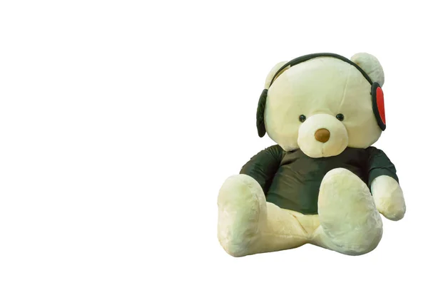 Teddy Urso Sentado Ouvindo Música Isolada Fundo Branco — Fotografia de Stock