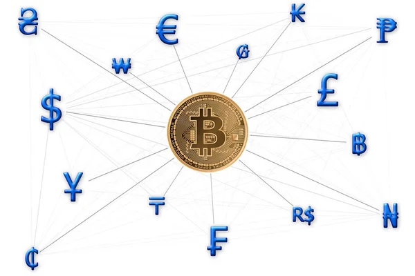 Mnoho Měna Odkaz Pomocí Bitcoinu Střed — Stock fotografie