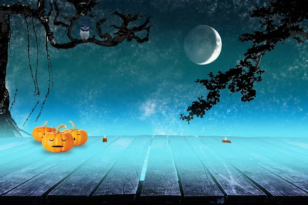 Halloween Konzept Mit Mond Stern Baum Brücke Eule Und Kürbissen — Stockfoto