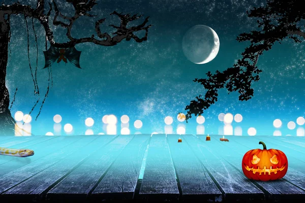 Concetto Halloween Con Luna Stella Albero Ponte Pipistrello Zucche Fantasy — Foto Stock