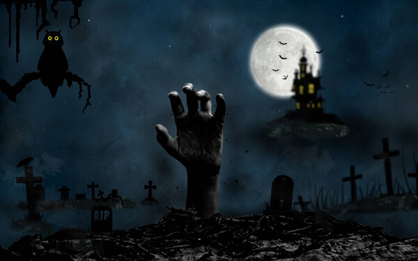 Halloween night background with hand rising from the ground in the cemetery, moon, castle, tee, owl and bats in Fantasy Night.