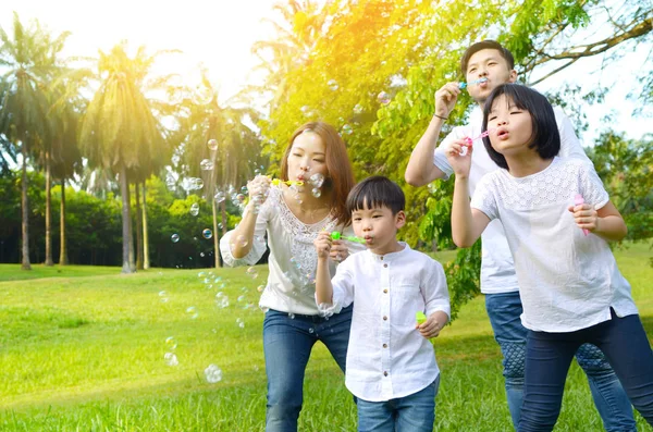 Asian family blowing bubbles in the park