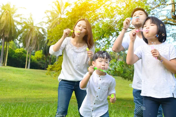 Asian family blowing bubbles in the park