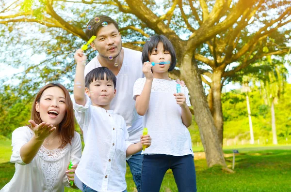 Mutlu Asya Aile Kabarcıklar Parkta Üfleme — Stok fotoğraf
