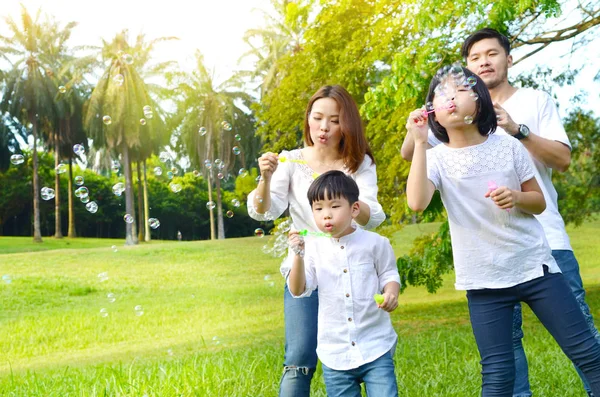 Asiática Familia Soplando Burbujas Parque — Foto de Stock