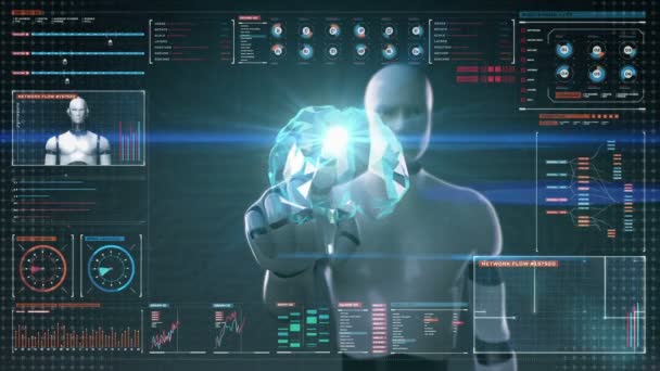Robot Dotknięcie Ekran Cyfrowy Humanoidalne Skanowanie Mózgu Wyświetlacz Cyfrowy Pulpit — Wideo stockowe