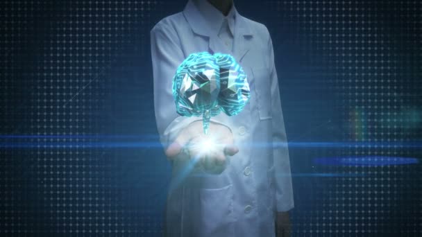 Médico Femenino Palmera Abierta Cerebro Conectar Líneas Digitales Expansión Inteligencia — Vídeo de stock