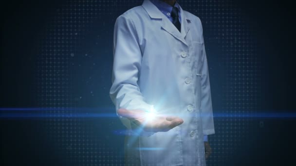 Läkare Öppen Handflata Hjärnan Huvudform Ansluta Digitala Linjer Utöka Artificiell — Stockvideo