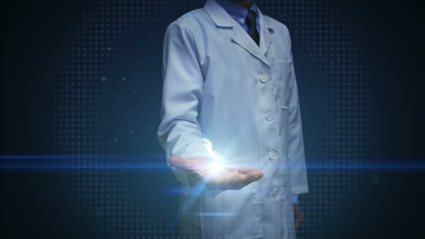 Läkare Öppen Handflata Hjärnan Huvudform Ansluta Digitala Linjer Utöka Artificiell — Stockvideo