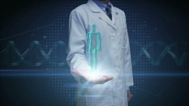 Doktor avuç, tarama vücut. Dönen insan akciğer, akciğer tanılama. Mavi x-ışını ışık.
