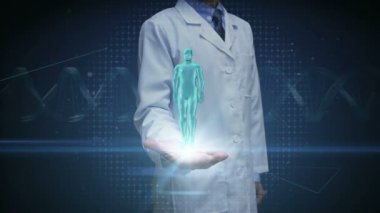 Doktor avuç, yakınlaştırma kadın bedeni ve tarama insan kas, mavi x-ışını ışık.