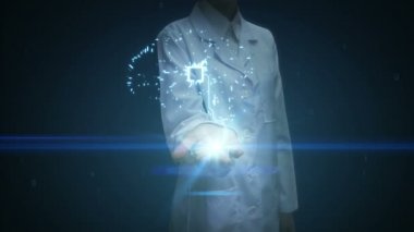 Kadın doktor aç palm, dijital beyin şekli dijital hatları, yapay zeka genişleyen bağlama.