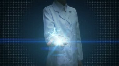 Kadın doktor avuç, beyin kafa şekli bağlamak dijital hatları, yapay zeka genişletilmesi