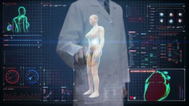 Doktor dokunmatik ekran, dönen kadın insan, tarama kalp-damar sistemi, iskelet yapısı, kemik sistemi, mavi x-ışını ışık.