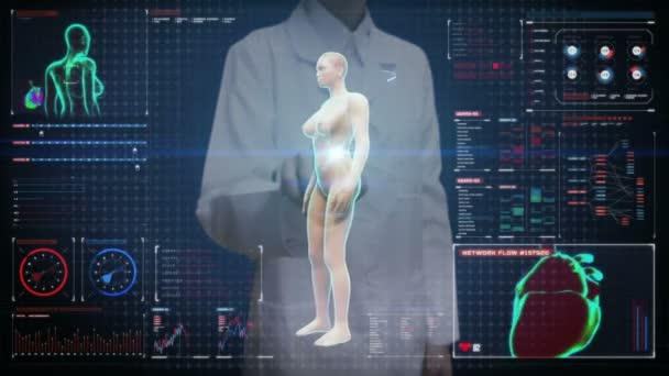 Женский Сенсорный Экран Вращающийся Женский Человек Сканирование Сердечно Сосудистой Системы — стоковое видео