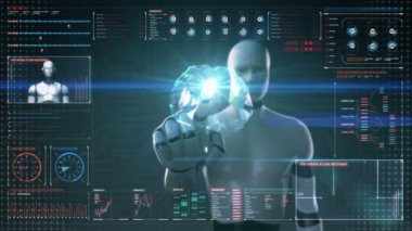 Dijital ekran, insansı, dokunmadan robot tarama beyin dijital pano görüntüle. X-ışını görünümü