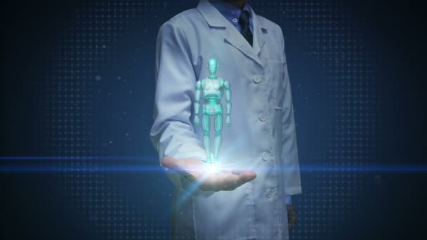 Doktor nyitott tenyér, szkennelés forgó 3D robot test. Mesterséges intelligencia. robot-technológia.