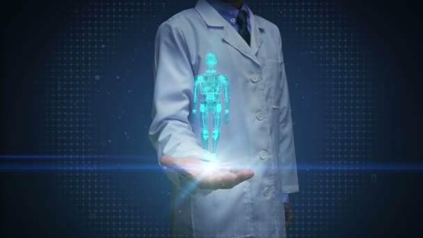 Doktor Açık Avuç Içi Dönen Mavi Şeffaflık Robot Vücut Işını — Stok video