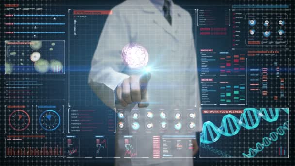 Arzt Berührt Digitalen Bildschirm Blutkörperchen Menschliches Herz Kreislauf System Futuristische — Stockvideo