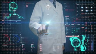 Doktor dijital ekrandokunma, dijital arayüzü robot cyborg vücut tarama. yapay zeka.