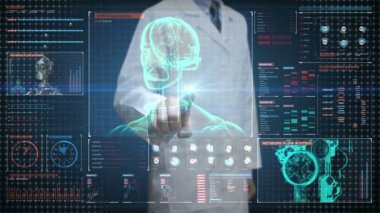 Doktor dijital ekrana dokunmak, dijital arayüz.display.yapay zeka tarama robot gövdesi dönen.