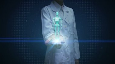 Kadın doktor açık avuç içi, Tarama dönen 3d robot vücut. Yapay zeka.robot teknolojisi.