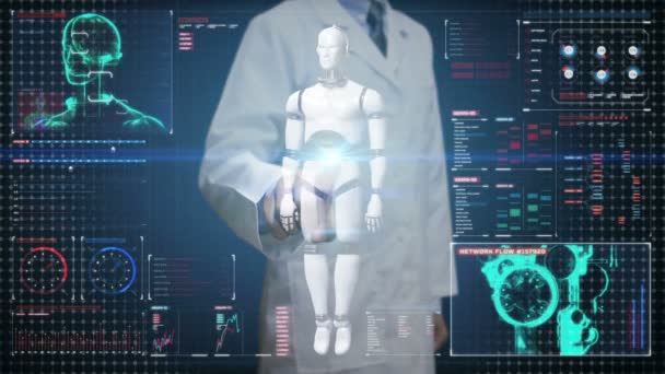 Arzt Berührt Digitalen Bildschirm Scannt Transparenz Roboter Cyborg Körper Digitaler — Stockvideo
