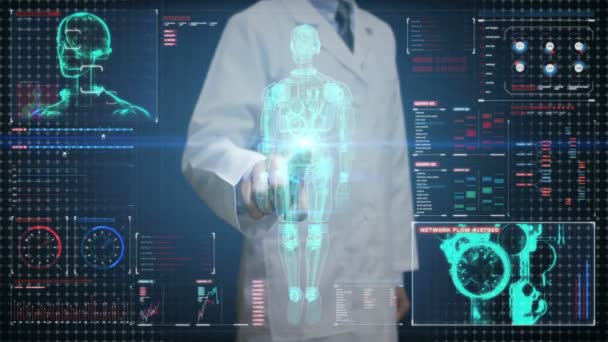 Doktoren Berører Digital Skjerm Skanner Halvgjennomsiktig Robot Cyborg Kropp Digitalt – stockvideo