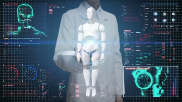 Ärztin Berührt Digitalen Bildschirm Scannt Transparenzroboter Cyborg Körper Digitaler Schnittstelle — Stockvideo