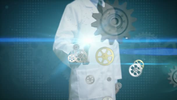 Onderzoeker Ingenieur Touch Steel Golden Gears Maken Wereldwijde Wereld Kaart — Stockvideo