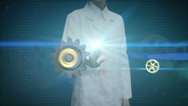 Kvinnlig Forskare Ingenjör Pekskärm Stål Gyllene Redskap Att Göra Frågetecknet — Stockvideo