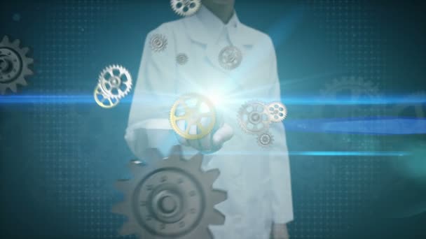 Vrouwelijke Onderzoeker Ingenieur Touch Steel Golden Gears Maken Wereldwijde Wereld — Stockvideo