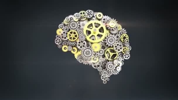 Сталеві Золоті Шестерні Створюють Форму Людського Мозку Штучний Інтелект Людини — стокове відео