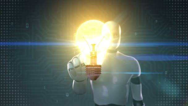 Roboter Cyborg Berühren Glühbirne Licht Zeigt Idee Konzept — Stockvideo