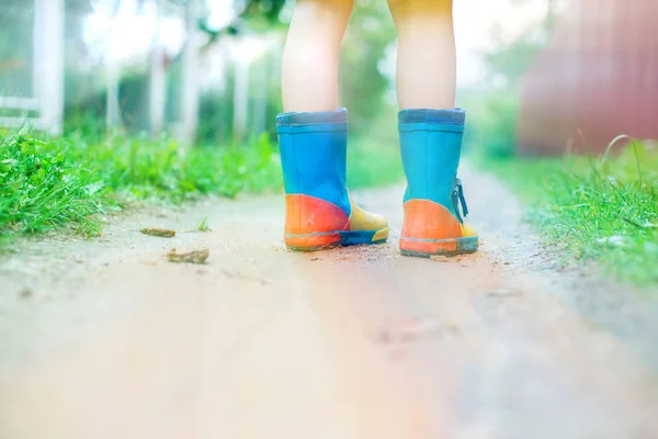 child in rubber boots walking outdoor. child\'s feet in a rubber boot