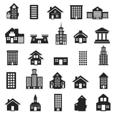 Binalar ve evler bir şehirde vektör simgeleri