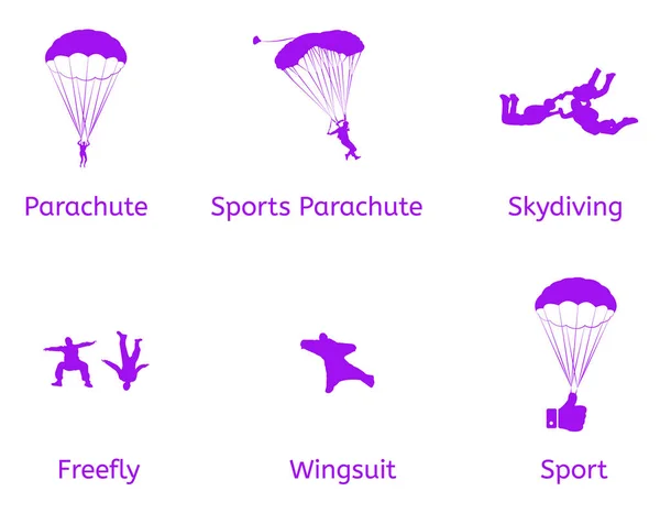 Spor vektör düz simgeler paraşüt, freefly, paraşütle atlama, yamaç paraşütü