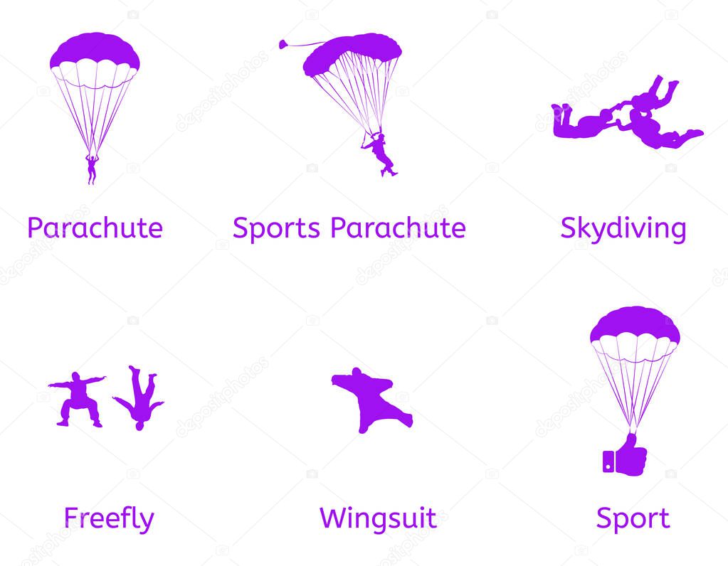 Sport vector flat icons on parachute, freefly, skydiving, paragliding