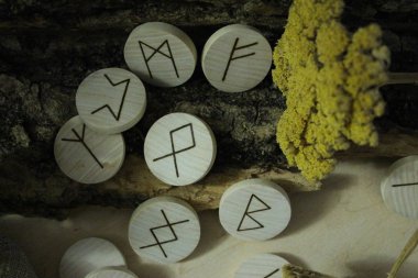 Scandinavian wooden handmade runes Elder Futhark clipart