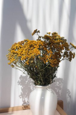 Beyaz vazodaki sarı tanemsi çiçekler.