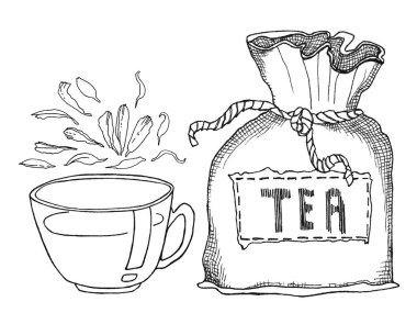 El çizilmiş doğrusal illüstrasyon od kurutulmuş calendula çiçekler ev için yapılan sağlık, tentürler, çay, sabun, yağ vb gibi