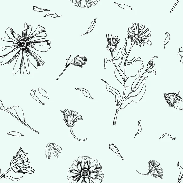 Seamless pattern of hand drawn flowers in contour and contour