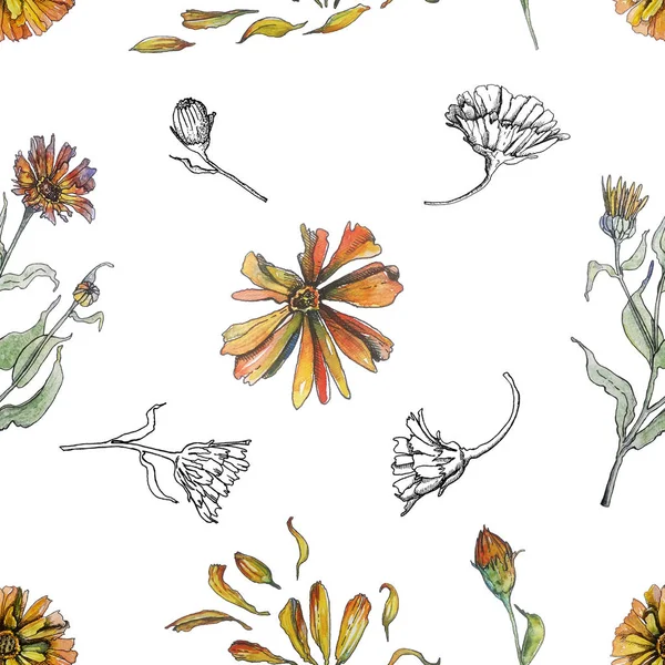 Płynny Wzór Ręcznie Rysowanych Kwiatów Akwareli Konturze — Zdjęcie stockowe