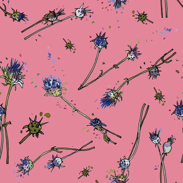 Botaniczne Ilustracje Ostu Mlecznego Akwareli Tuszu Bezszwowy Wzór Drukowania Tkaninach — Zdjęcie stockowe