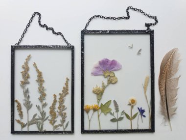 Renkli camdaki Tiffany tekniğinde çerçevelenmiş baskılı çiçekler.