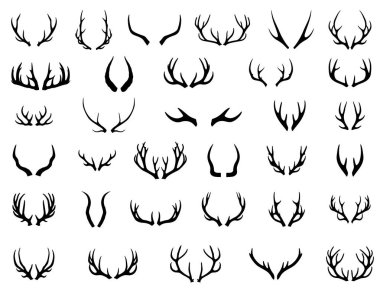 Hayvan boynuzları ve boynuzları seti, siyah siluet düz izole vektör çizimleri