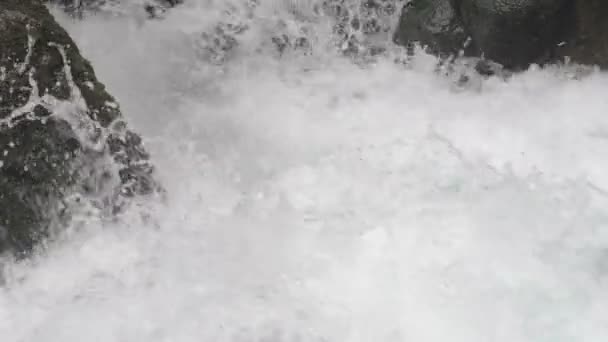Θυελλώδης ροή ενός ποταμού στο βουνό. Καθαρό νερό ανεβαίνει και αφροί. Μια θυελλώδης ροή του συλλέκτη με ένα κοντινό πλάνο του ψεκασμού. Βίντεο αργής κίνησης — Αρχείο Βίντεο
