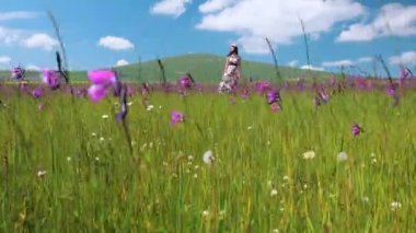 Çayır rüzgarla çırpınan uzun elbise kalan genç güzel mutlu bir kadın. Çiçek çelenk doğa manzara zevk güzel smilind kız. Quadrocopter hareketi.