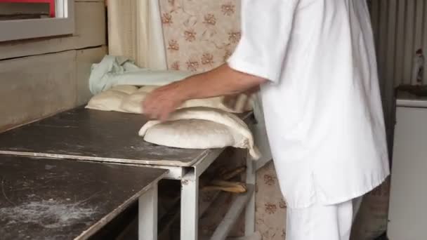 传统的面包店色调或 Torne 或 Turne 烘烤格鲁吉亚 Shotis 布或 Shoti 面包。烹调过程: 贝克塑造平的面包和黏附面团到烤箱的墙壁并且采取准备的 Shoti 在 — 图库视频影像
