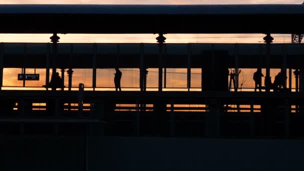 Silhuetten av tunnelbana tåg in i till stationen, människor lämnar de järnvägsvagnar promenader på plattformen under solnedgången. Scen på stationen järnvägsstationen: personer återvända hem i den — Stockvideo